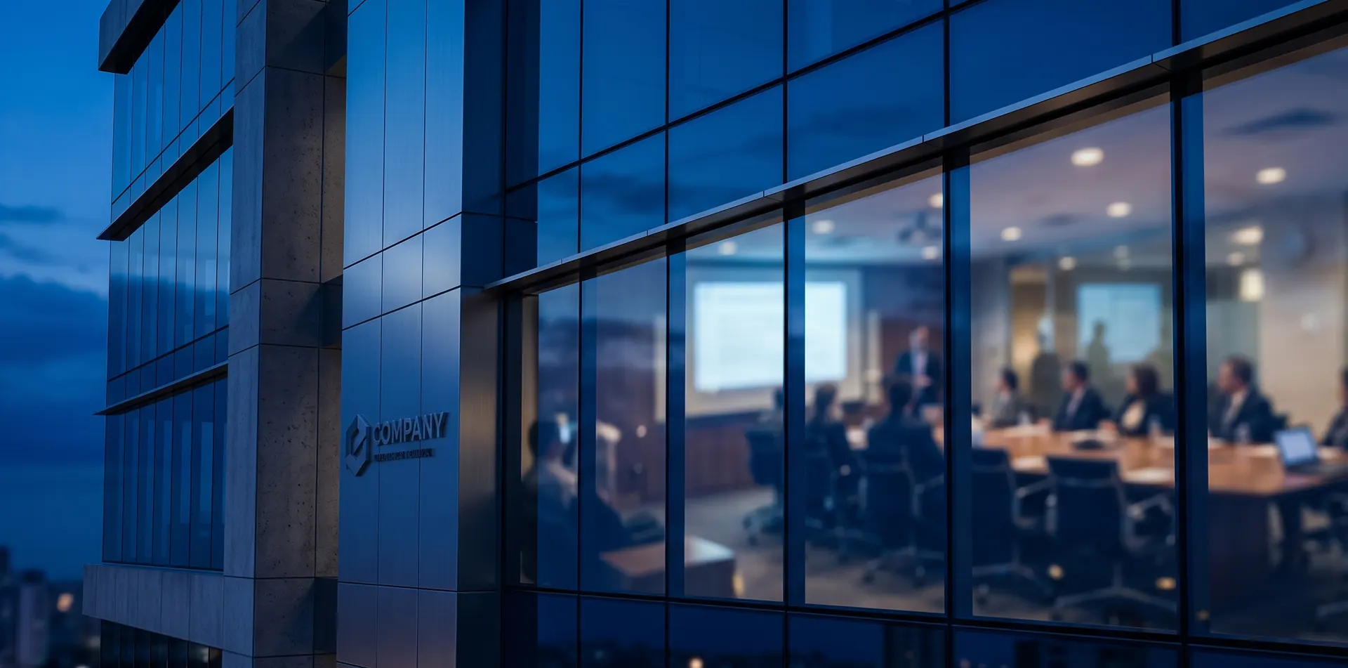 Sala de reuniões de um escritório corporativo vista pela fachada de vidro